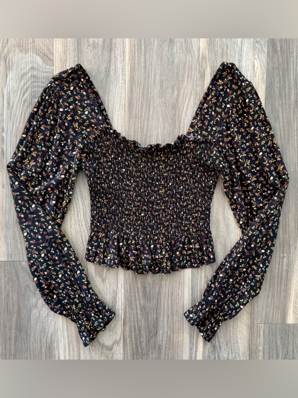 B.P. Black Floral Smocked Crop Top Size S